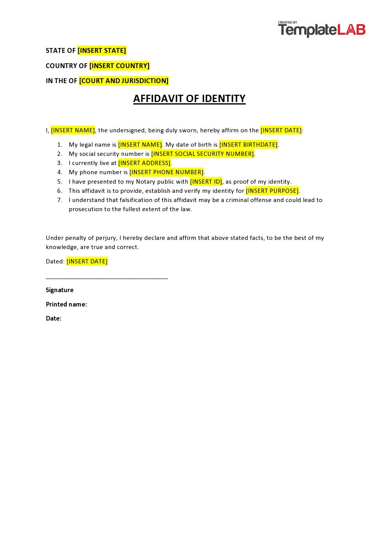 60 Free Affidavit Templates &amp;amp; Forms [Word, Pdf] - Templatelab throughout Free Printable Affidavit Form