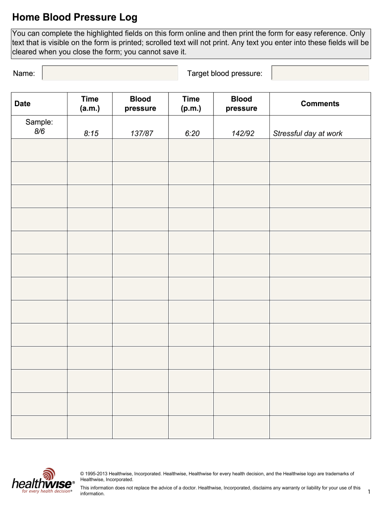 Blood Pressure Chart - Fill Online, Printable, Fillable, Blank throughout Free Printable Printable Blood Pressure Chart