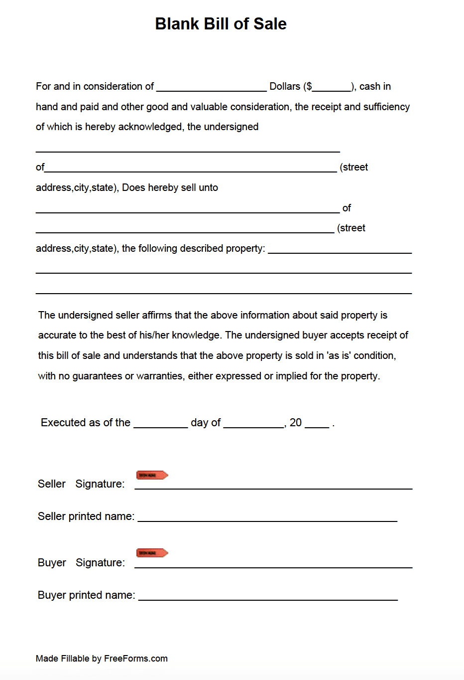 Free Blank Bill Of Sale Form | Pdf inside Free Bill Of Sale Printable