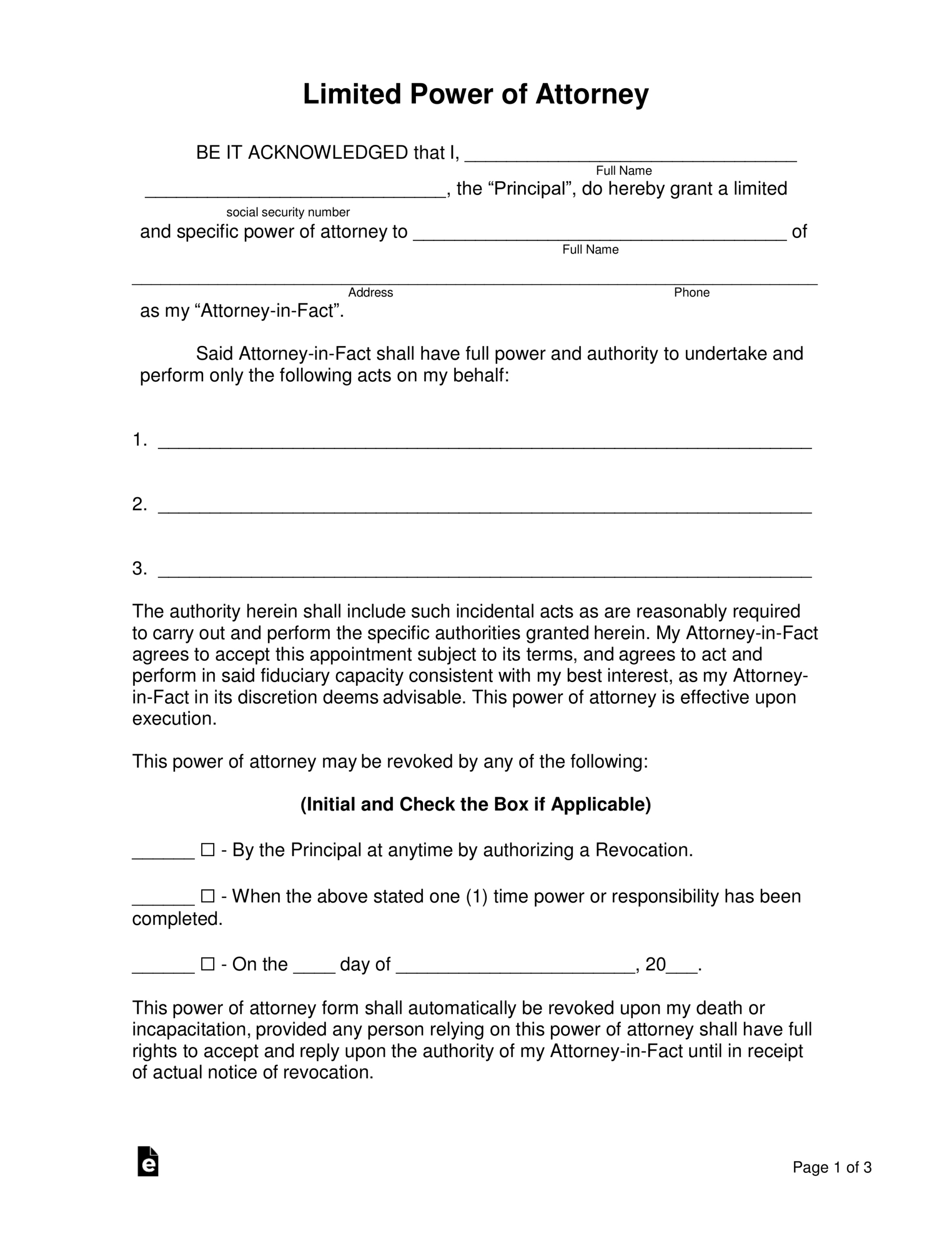 Free Limited (Special) Power Of Attorney Form - Pdf | Word – Eforms intended for Free Printable Power Of Attorney Template