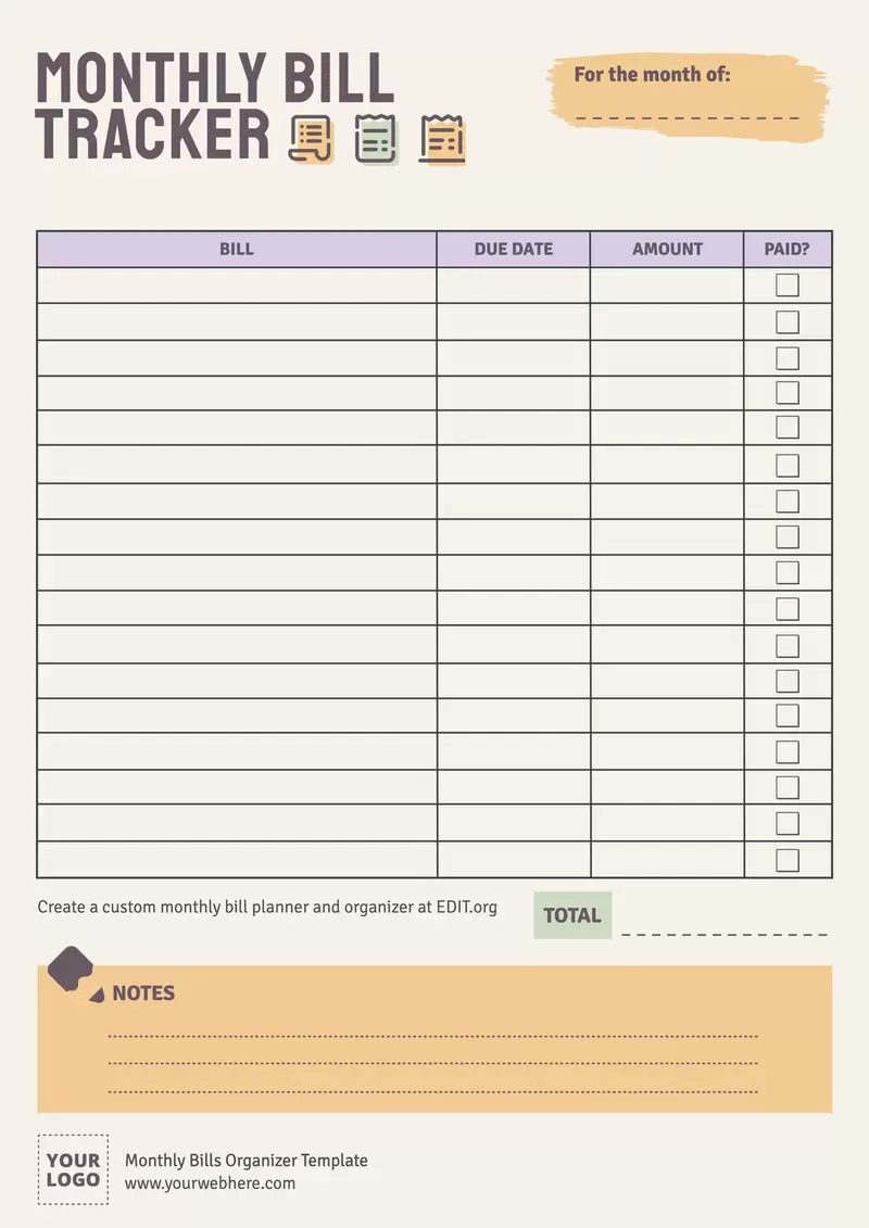 Free Monthly Bills Organizer Templates with Free Printable Bill Tracker