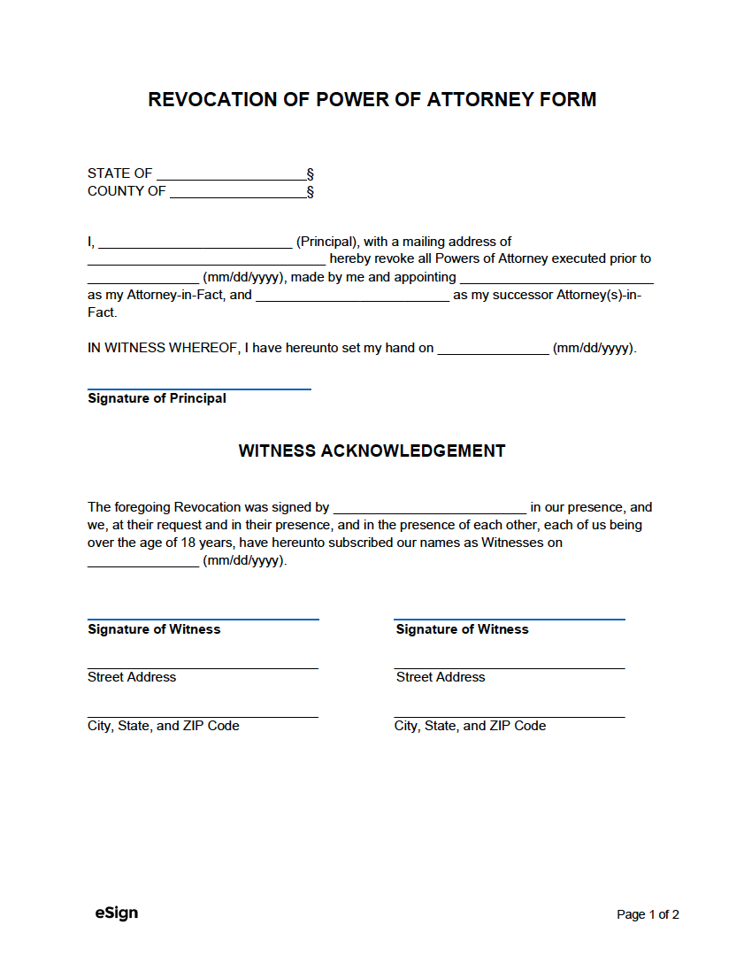 Free Power Of Attorney Revocation Form | Pdf | Word regarding Free Printable Revocation of Power of Attorney Form