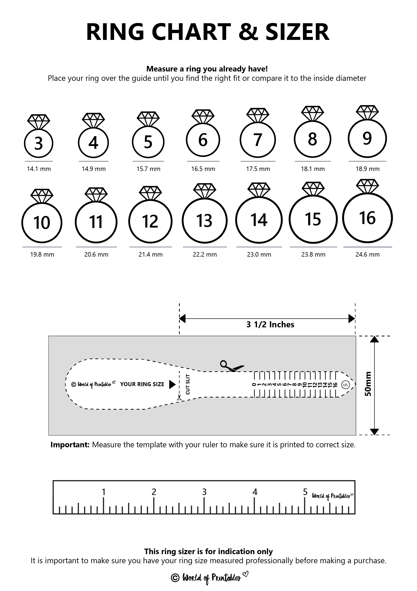 Printable Ring Size Chart - Find Your Ring Size Easy - World Of inside Free Printable Ring Sizer