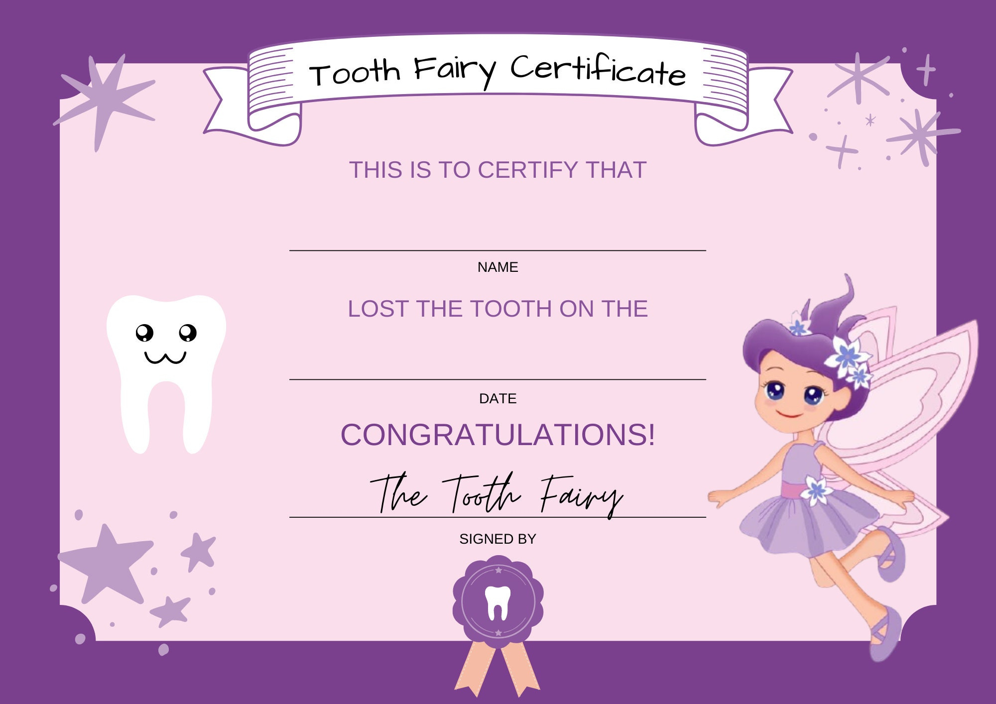 Printable Tooth Fairy Certificate - Etsy within Free Printable Tooth Fairy Certificate